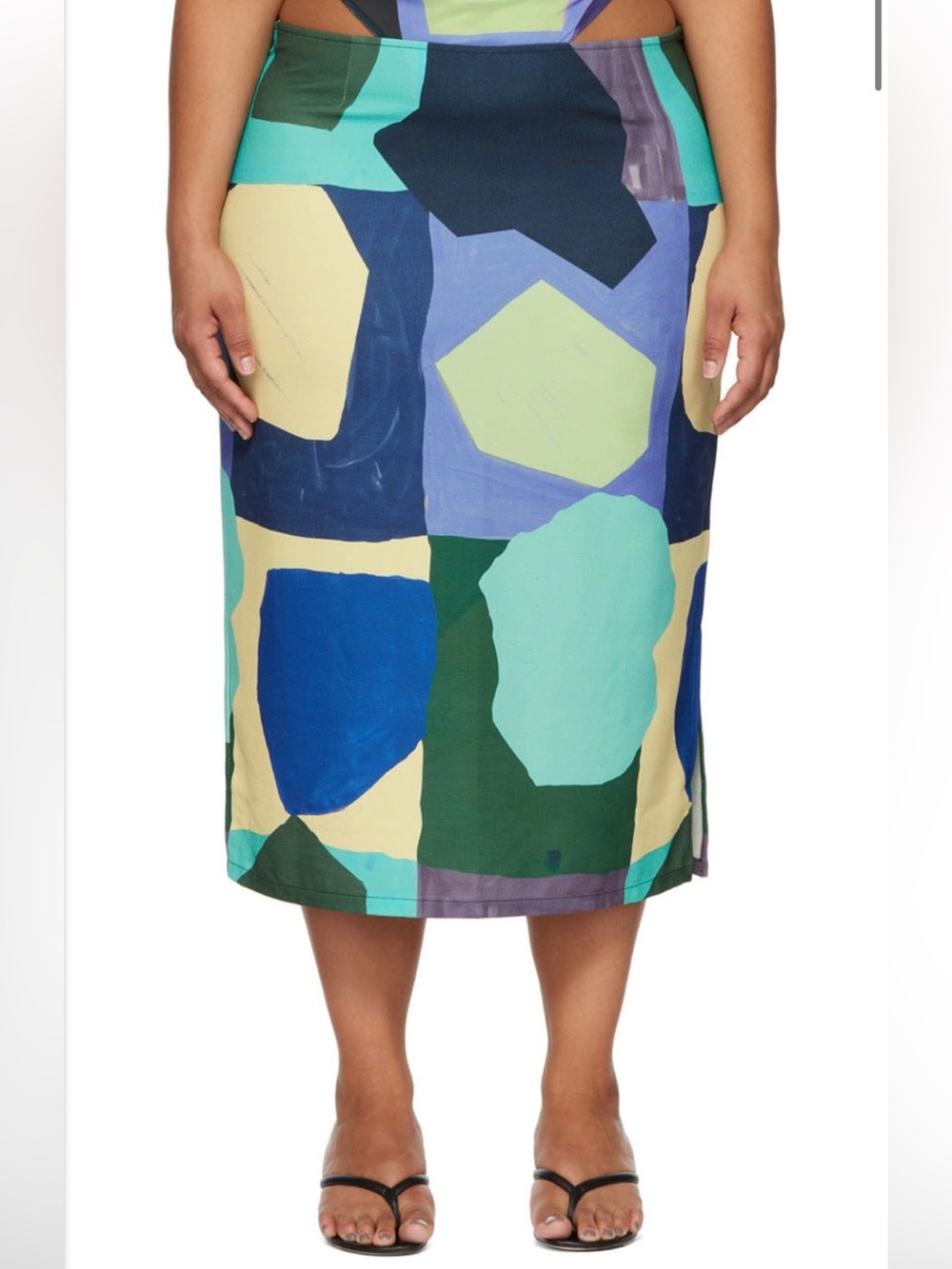 Miaou x Paloma Elsesser Abstraction Patchwork Midi Skirt in Blue, Green & Cream